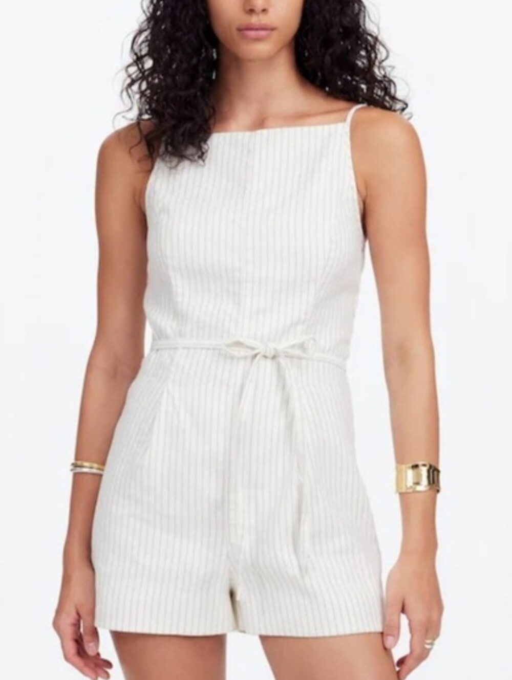 Madewell Cream Pinstripe Sleeveless Romper with Waist Tie